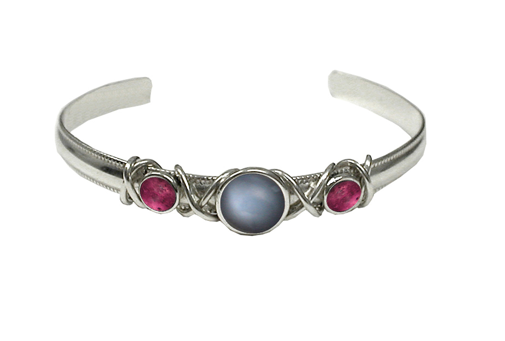 Sterling Silver Cuff Bracelet With Grey Moonstone And Pink